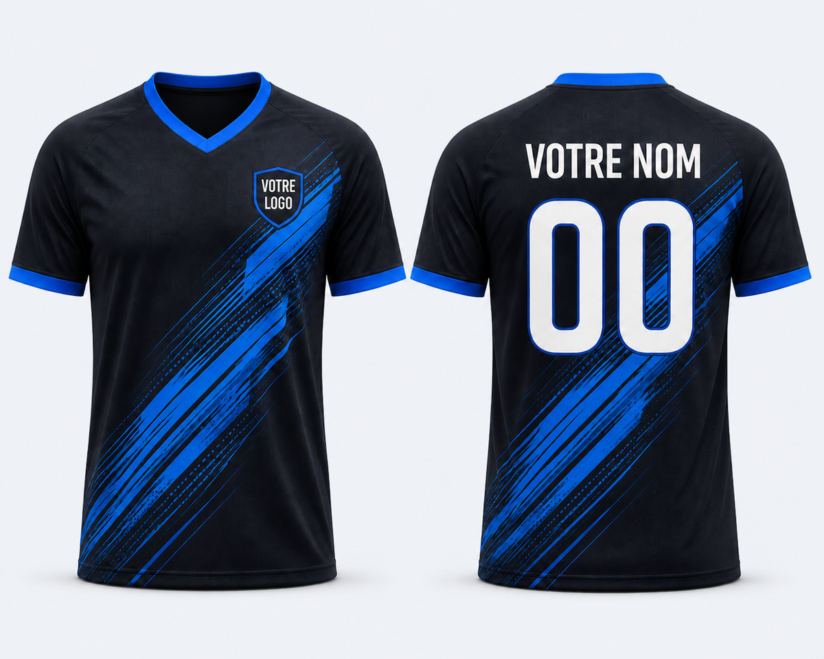 Maillot personnalisable noir et bleu présenté de face et de dos