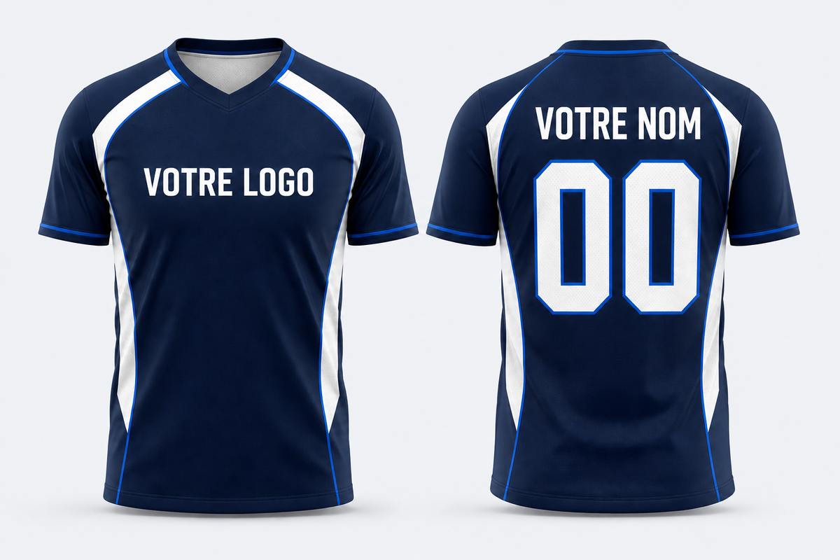 Maillot personnalisable bleu marine et blanc avec nom et numéro