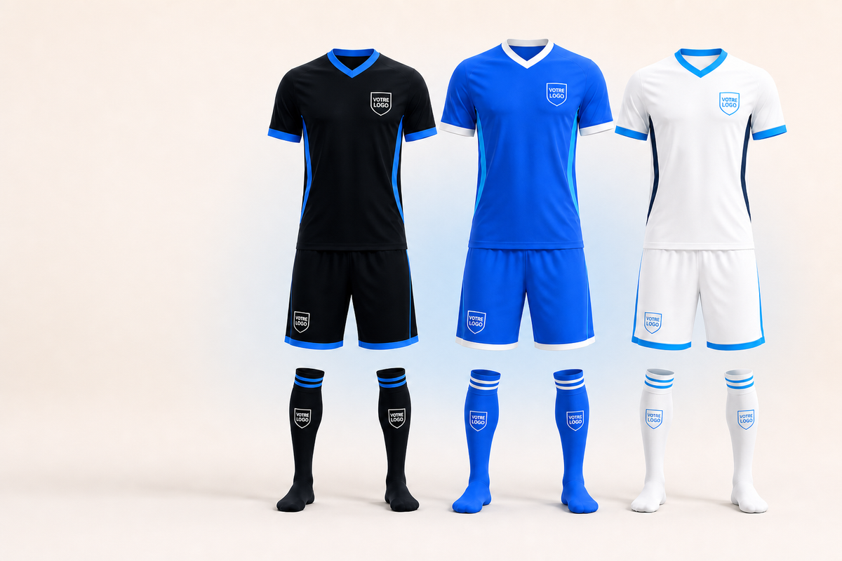 Trois tenues de football personnalisées aux couleurs ORYVAN