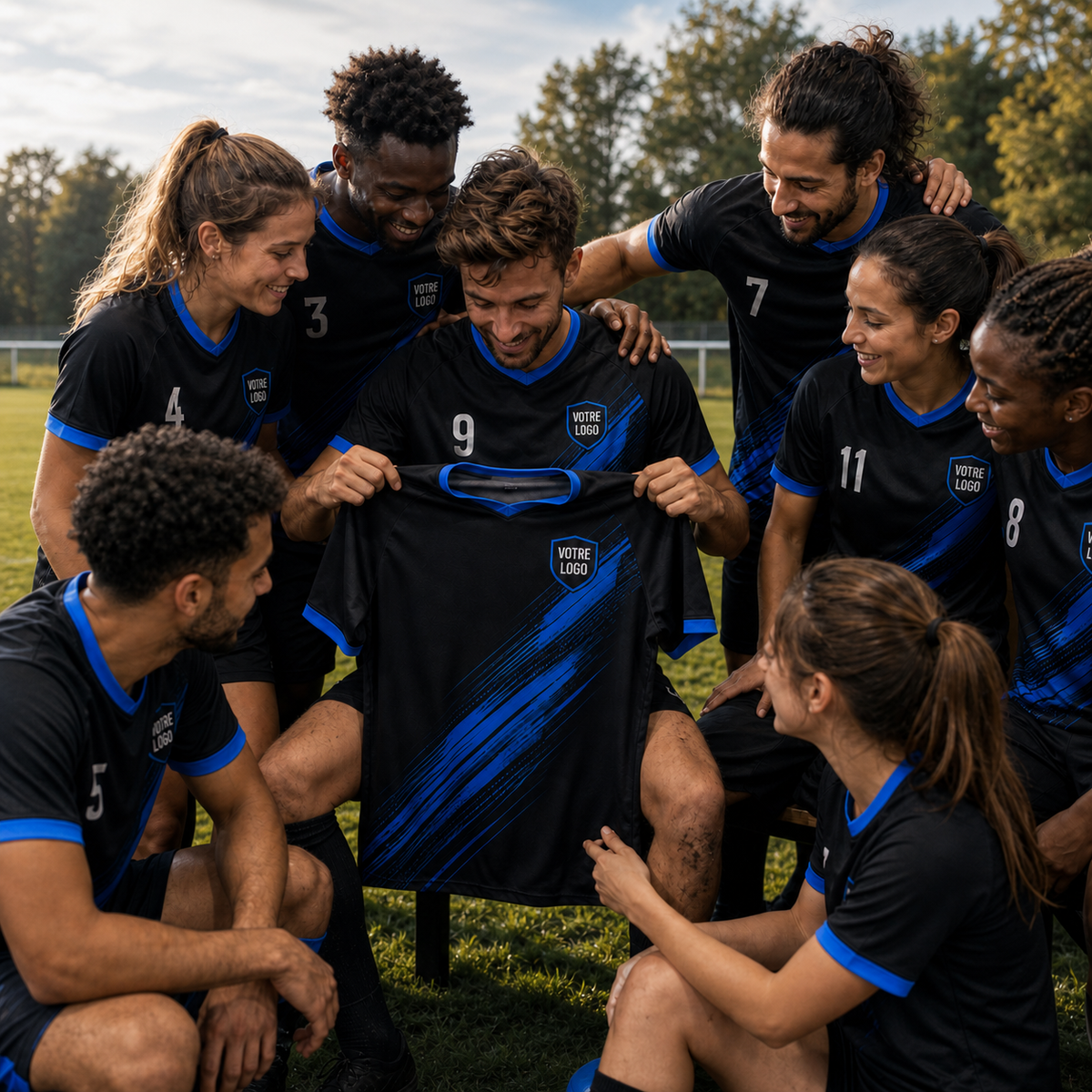 Équipe de football réunie à l’extérieur autour d’un maillot personnalisable